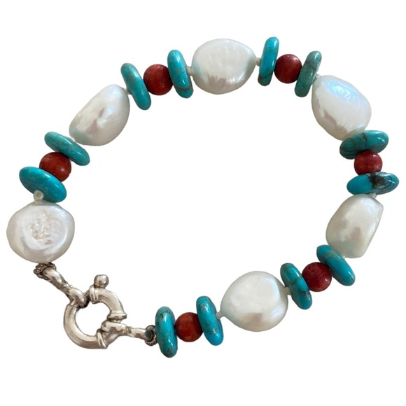 Chunky real Pearl bracelet 925 Sterling silver large clasp turquoise, coral bead - Picture 3 of 9